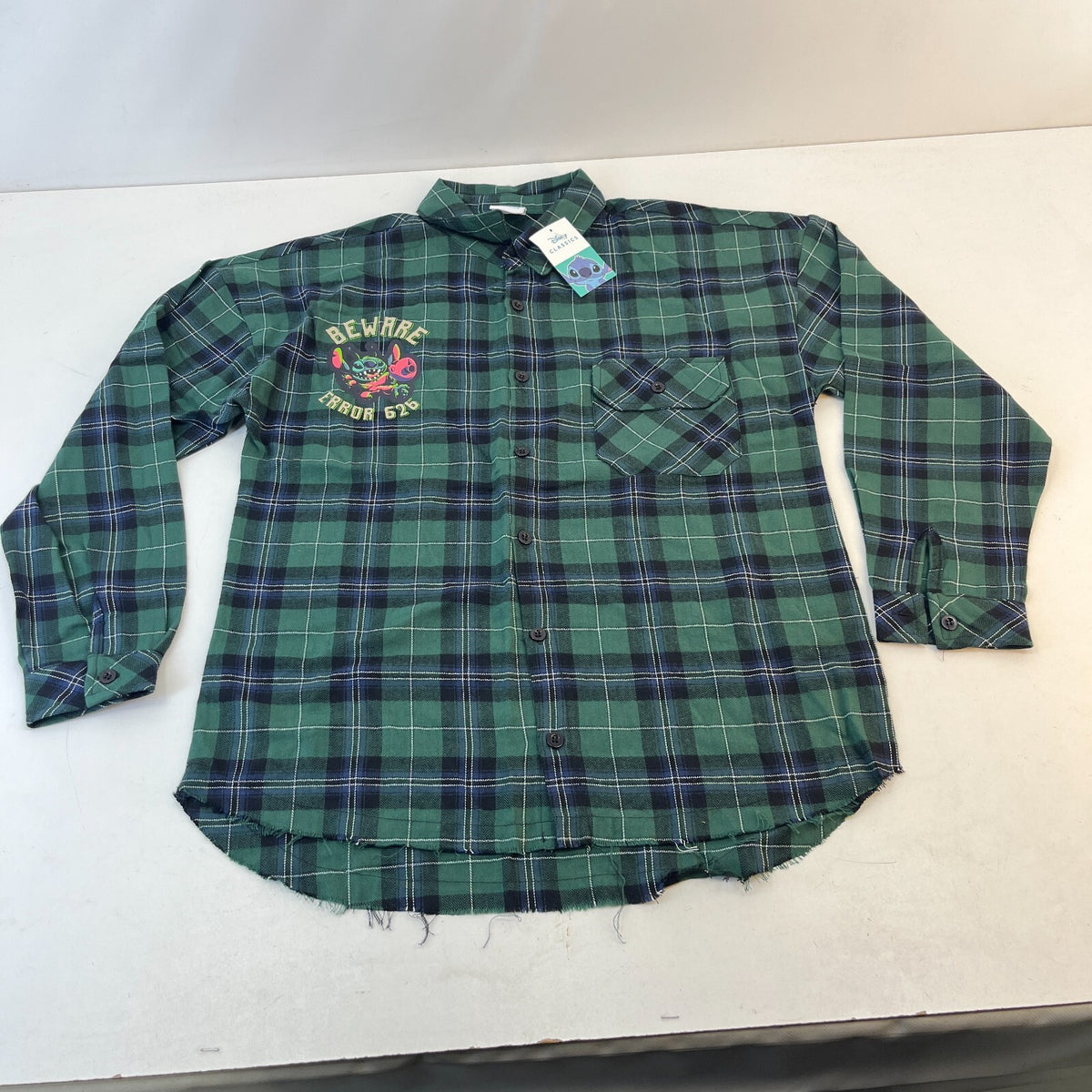 Disney Lilo & Stitch Mens "Stay Weird" Button Up Shirt Check Green Frayed Hem M