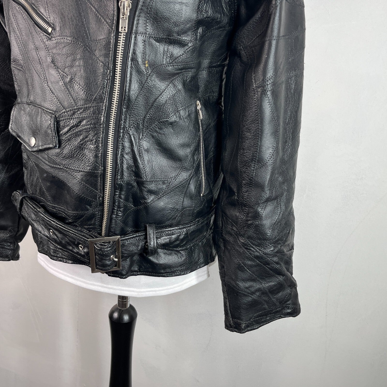 Flight Path Black Patchwork Leather Motorcycle Jacket Cruiser Biker size Large