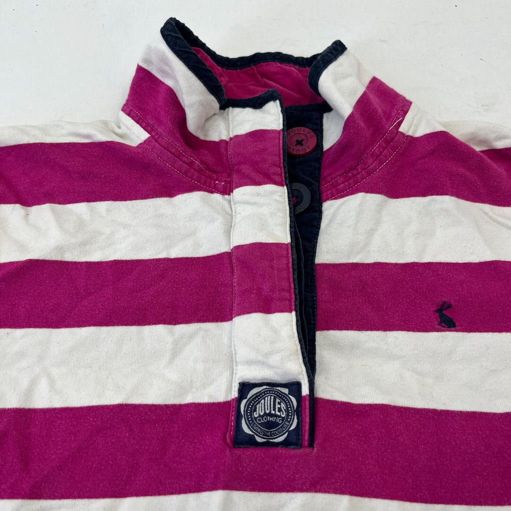 Joules White & Pink Striped Rugby Polo Shirt Distressed Long Sleeve Womens UK 12