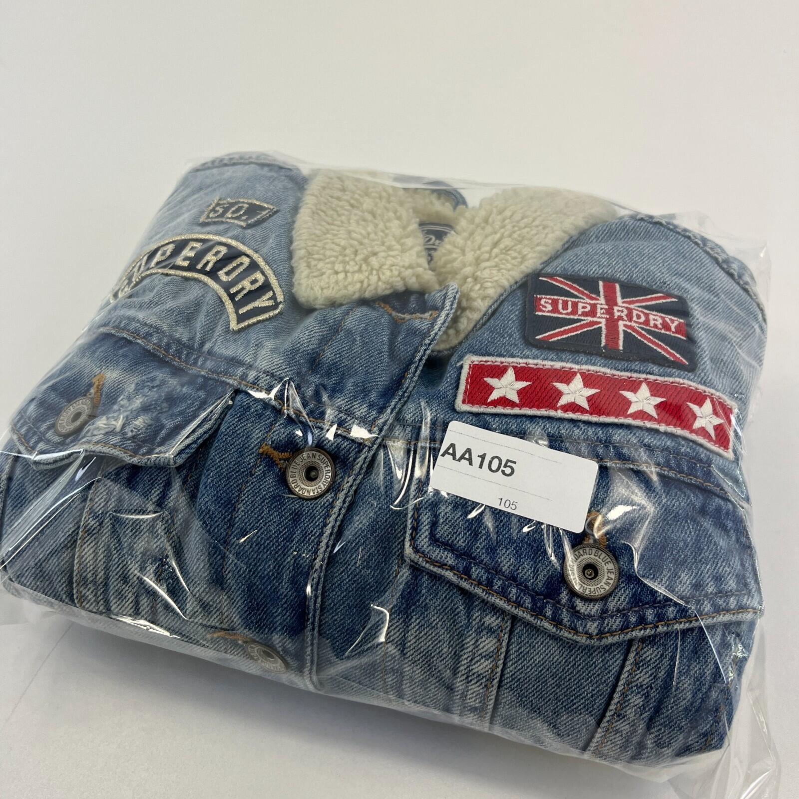 Superdry Denim Jacket Womens M Blue Sherpa Faux Fur Lining Patches Biker