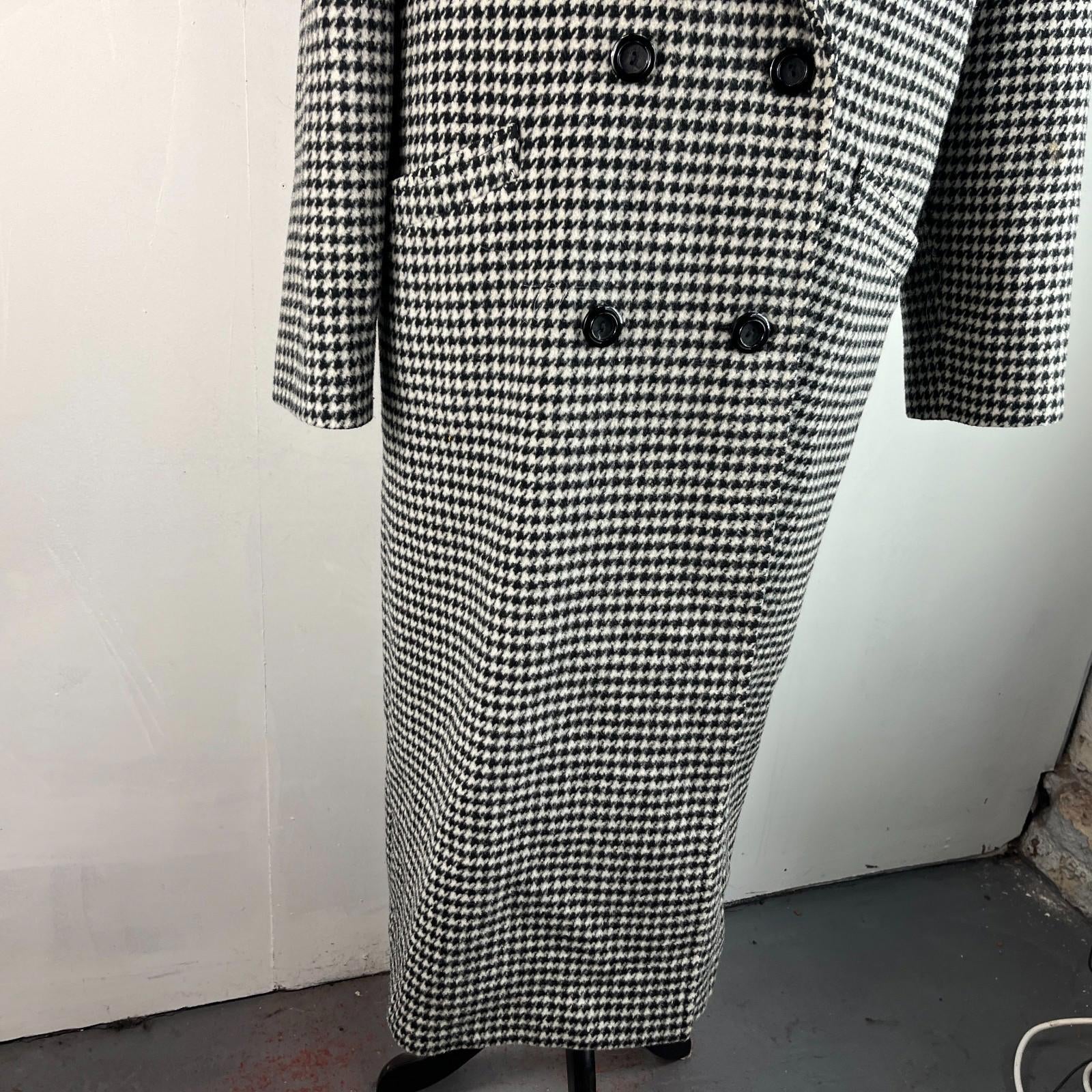 Vtg Kashmoor of London Wool Blend Long Overcoat UK 16 Black/White Houndstooth