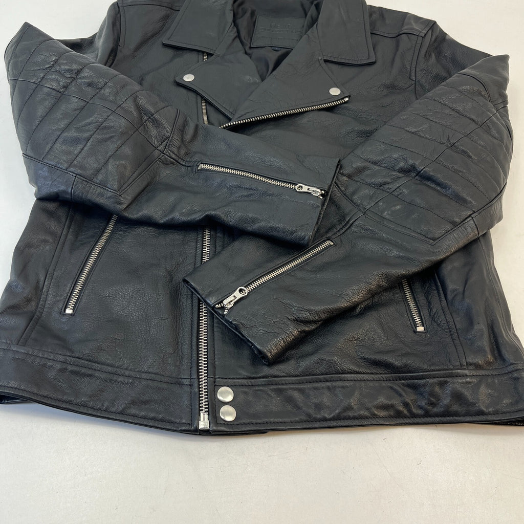 NEXT Men’s Black Leather Biker Jacket Full Zip Short Cruiser Bomber size Large