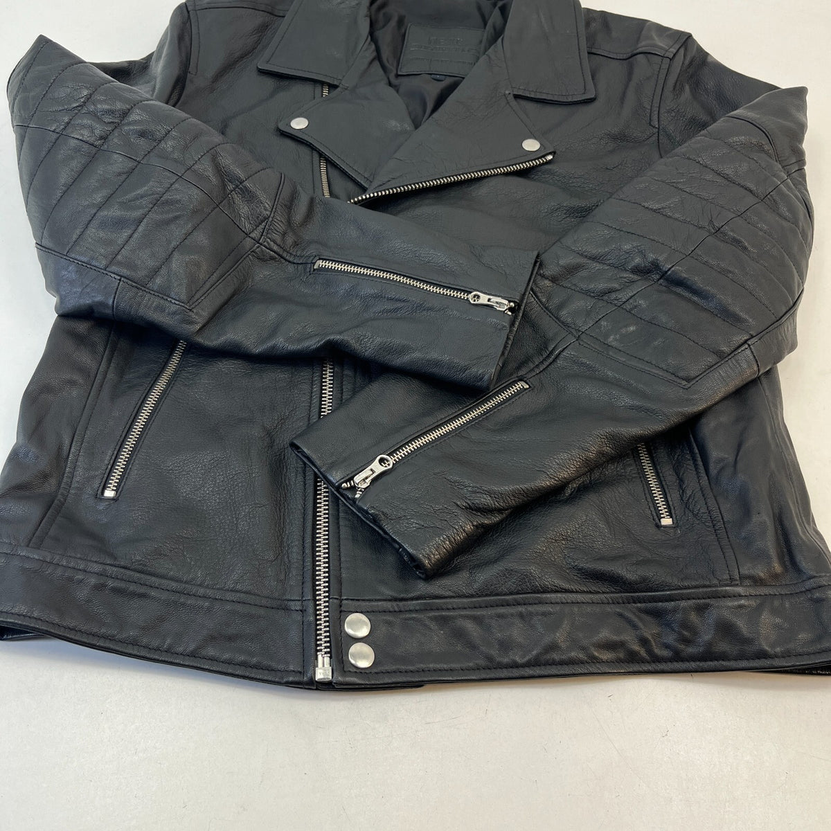 NEXT Men’s Black Leather Biker Jacket Full Zip Short Cruiser Bomber size Large