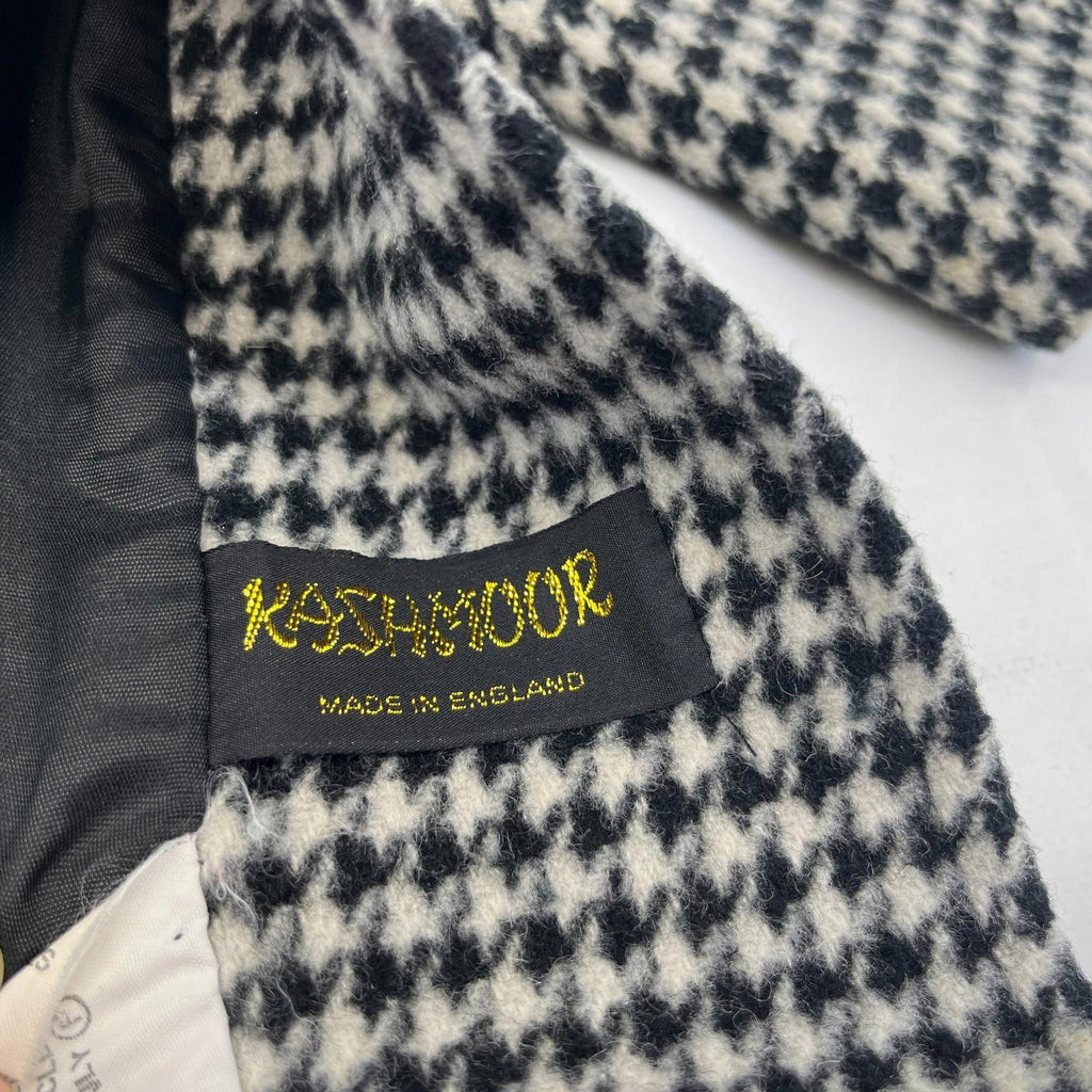 Vtg Kashmoor of London Wool Blend Long Overcoat UK 16 Black/White Houndstooth