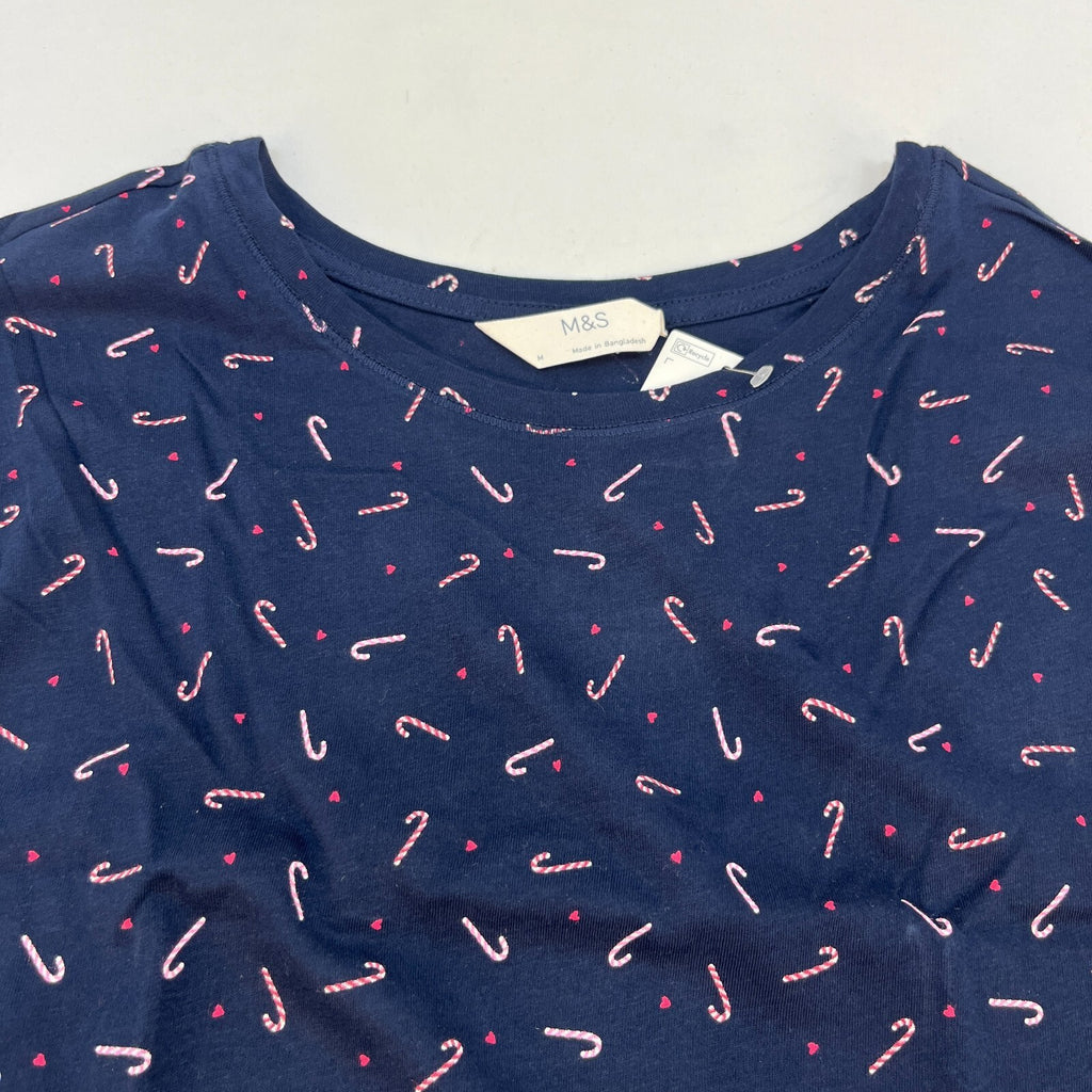 M&S Ladies Pyjama Set UK M 12-14 Navy Candy Cane Long Leg Long Sleeve Xmas BNWT