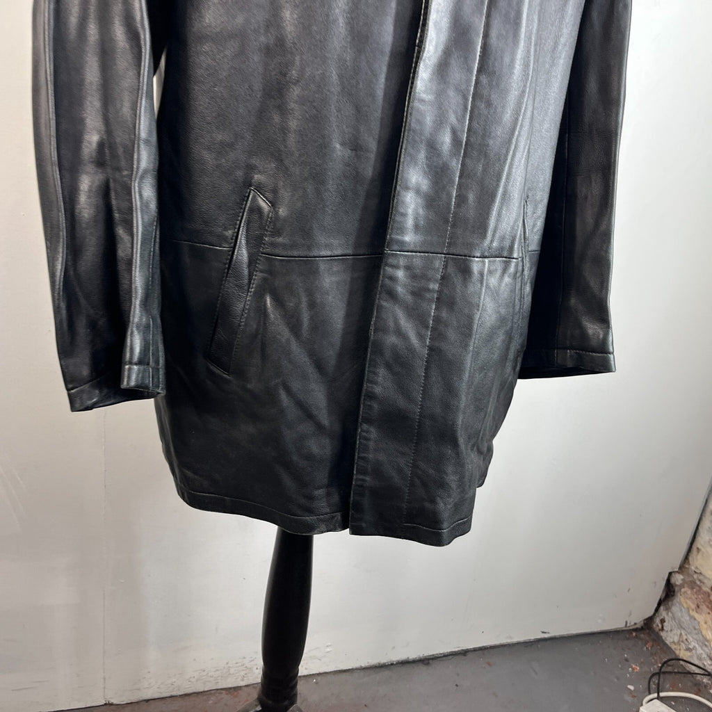 CG Collections Men's Leather Overcoat Jacket Black size Large Spread Collar