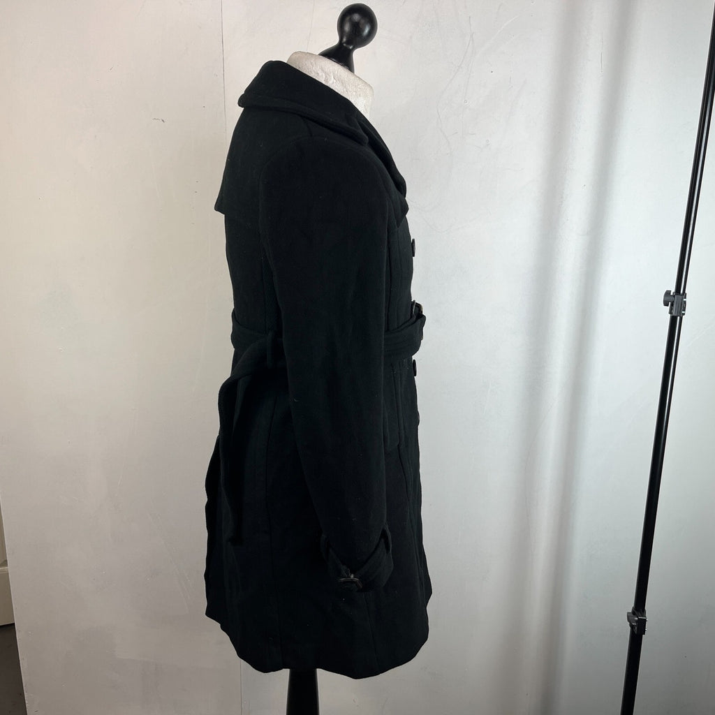 J. Crew Italian Wool Black Pea Coat Jacket Double Breasted + Belt Women’s UK 8