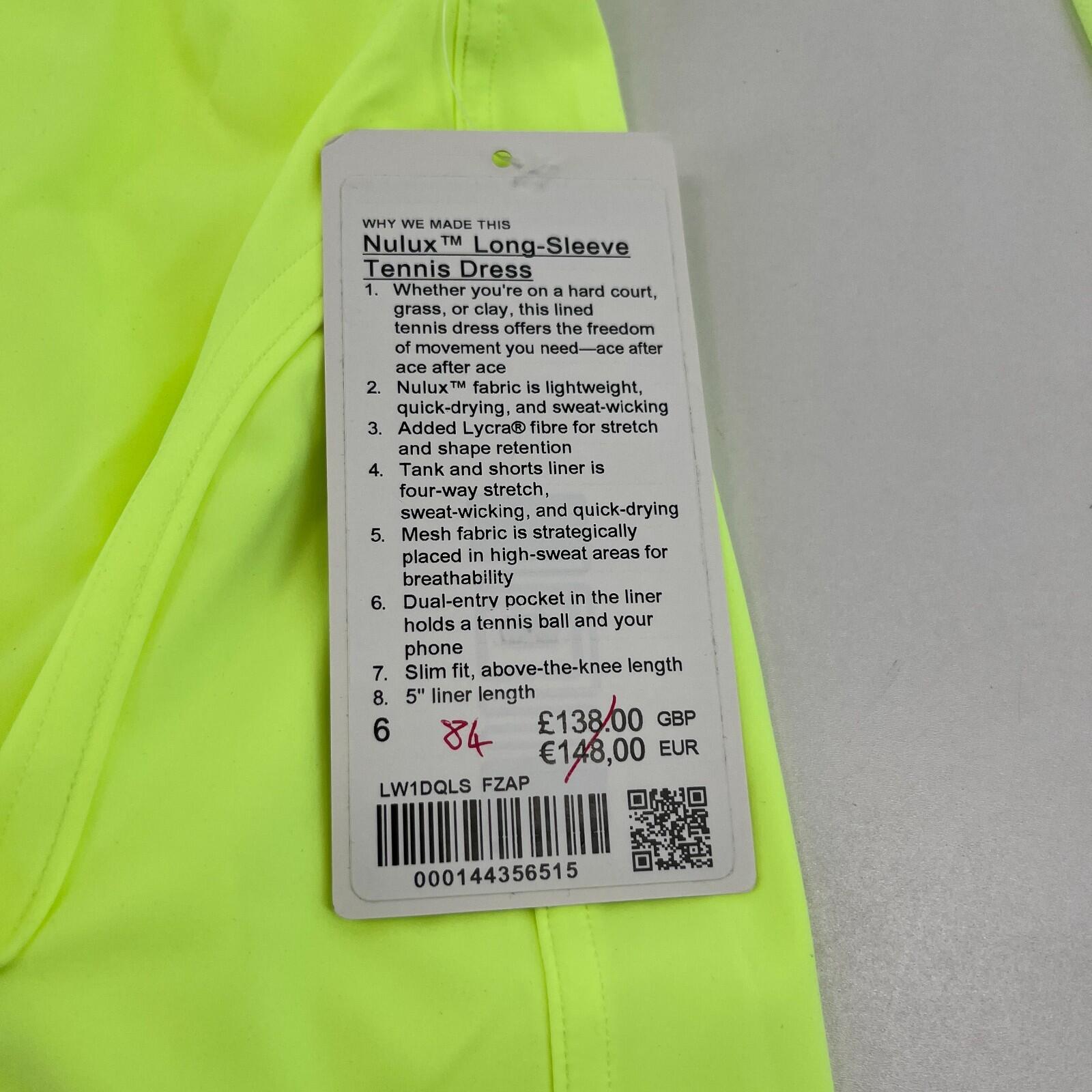Lululemon Nulux Long Sleeve Tennis Dress Style LW1DQLS Fluoro Yellow UK size 10