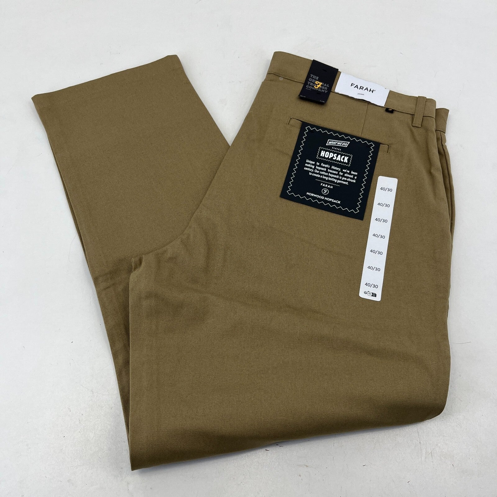 Farah Norwood Hopsack 100% Cotton Trousers Regular Fit W40" L30" Khaki Beige