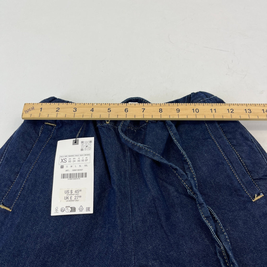 Zara Wide Leg Flared Denim Jeans Dark Blue Elasticated Tie Waist - size XS