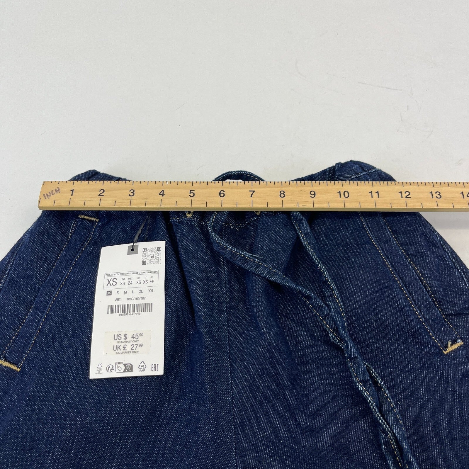 Zara Wide Leg Flared Denim Jeans Dark Blue Elasticated Tie Waist - size XS