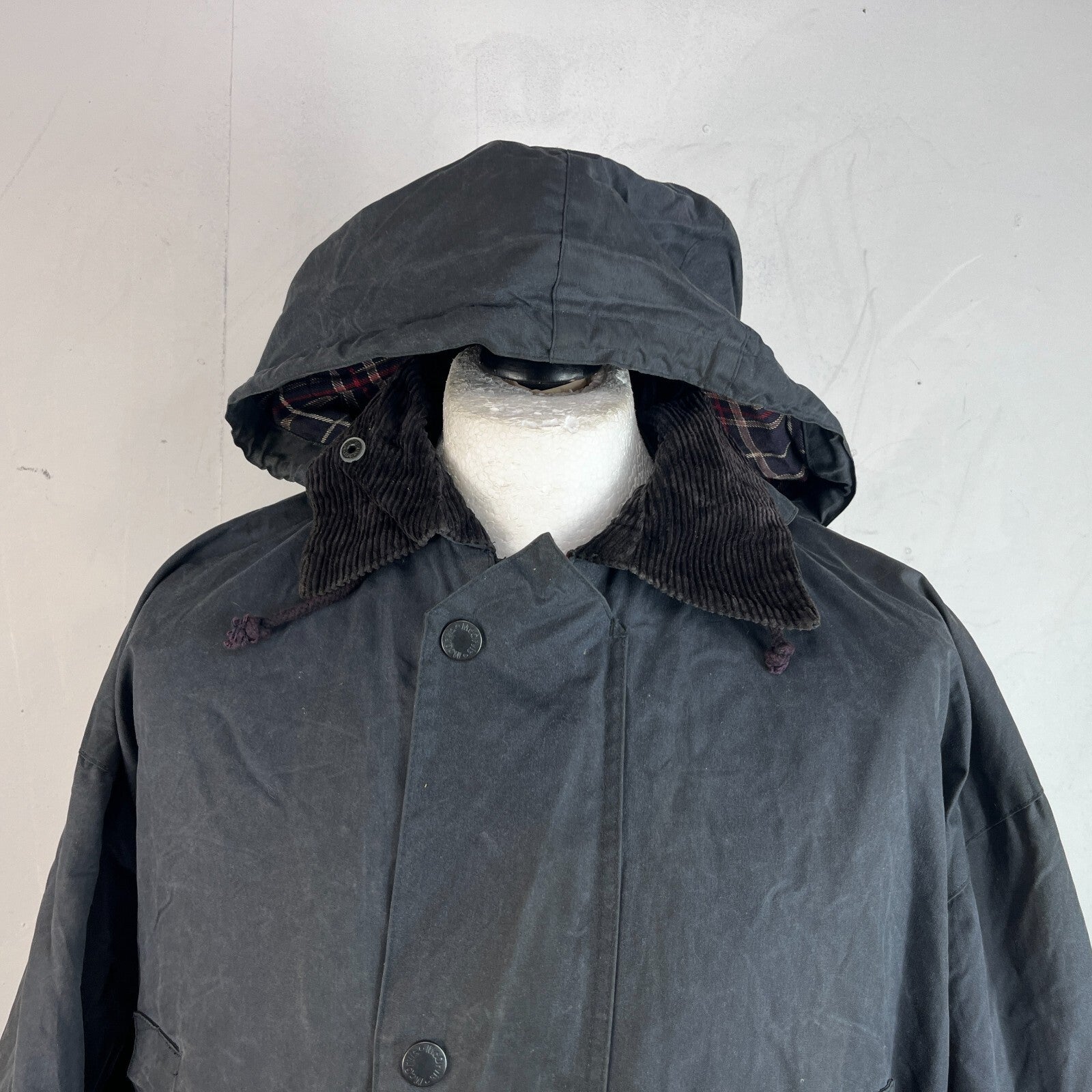 Mc Orvis Wax Jacket Mens size M Black Waxed Coat with Hood Made in the UK