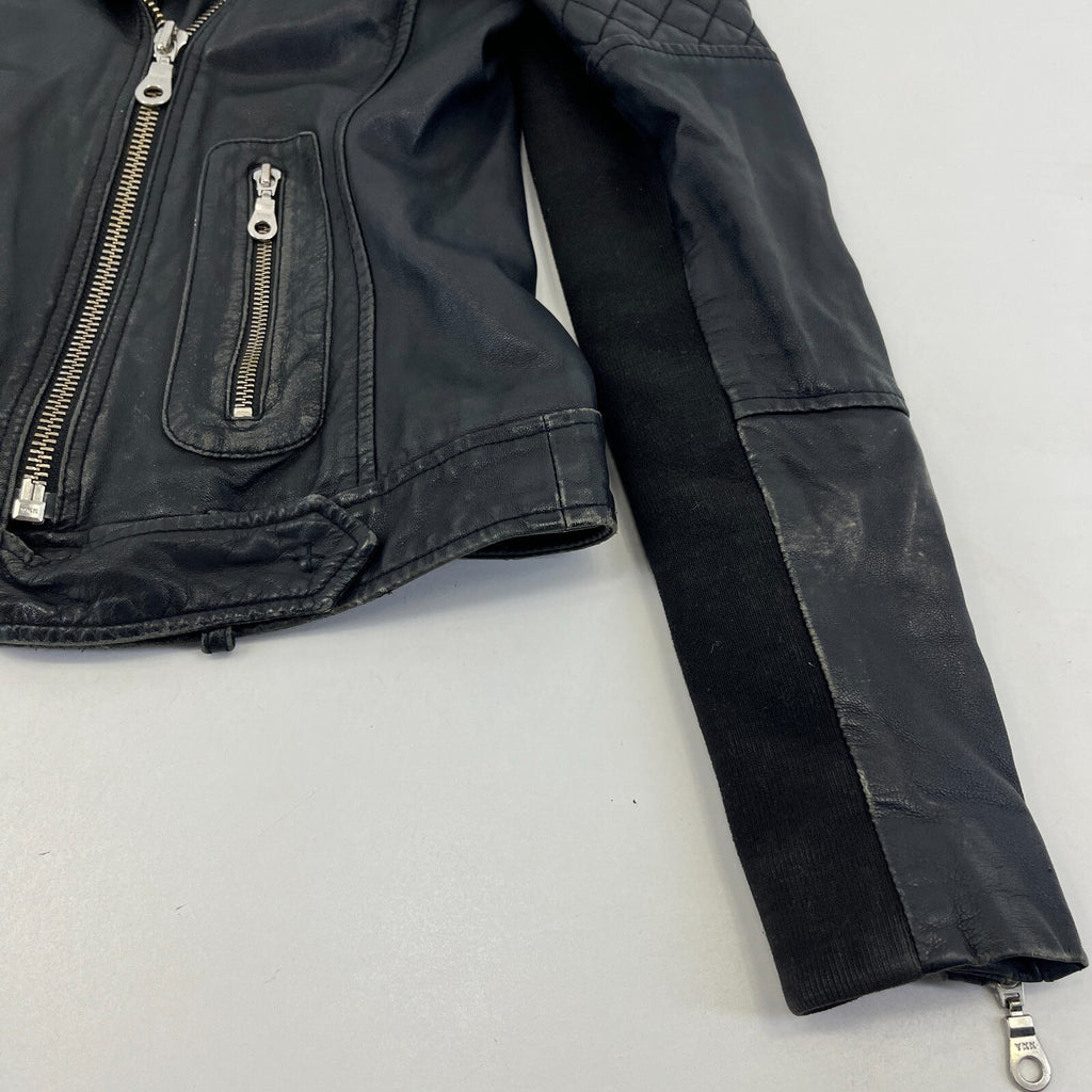 Whistles Distressed Look Leather Jacket Biker Black Boyfriend Zip Cuffs size 10