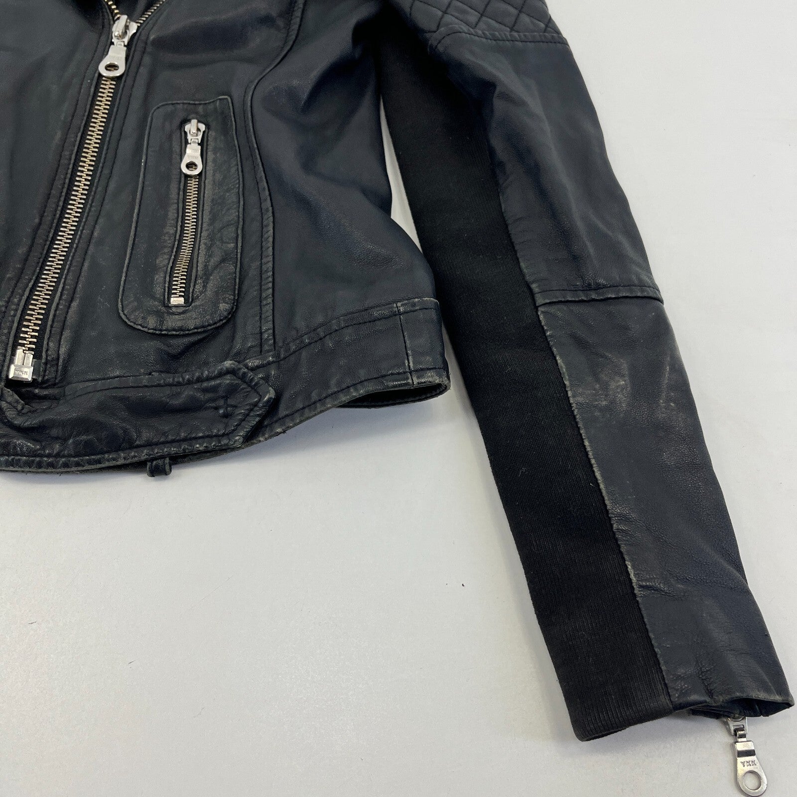 Whistles Distressed Look Leather Jacket Biker Black Boyfriend Zip Cuffs size 10