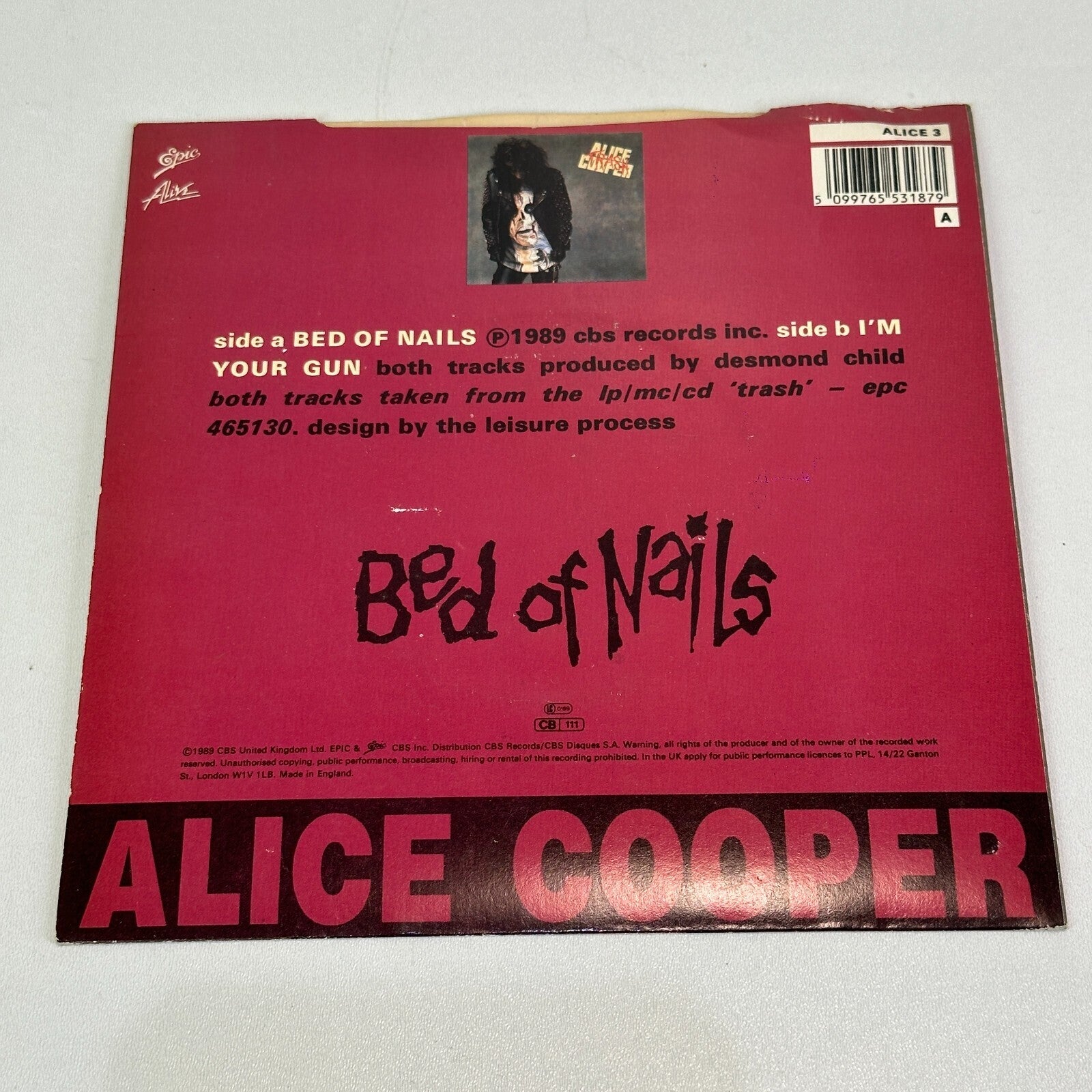Alice Cooper – Bed Of Nails / I'm Your Gun 7" Vinyl Single UK Epic 1989 Ex/Ex