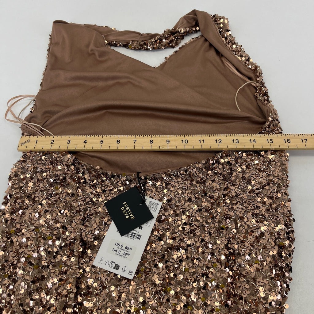 Zara Gold Sparkly Sequin Wrap Round Pencil Dress Halter Neck size Large - New