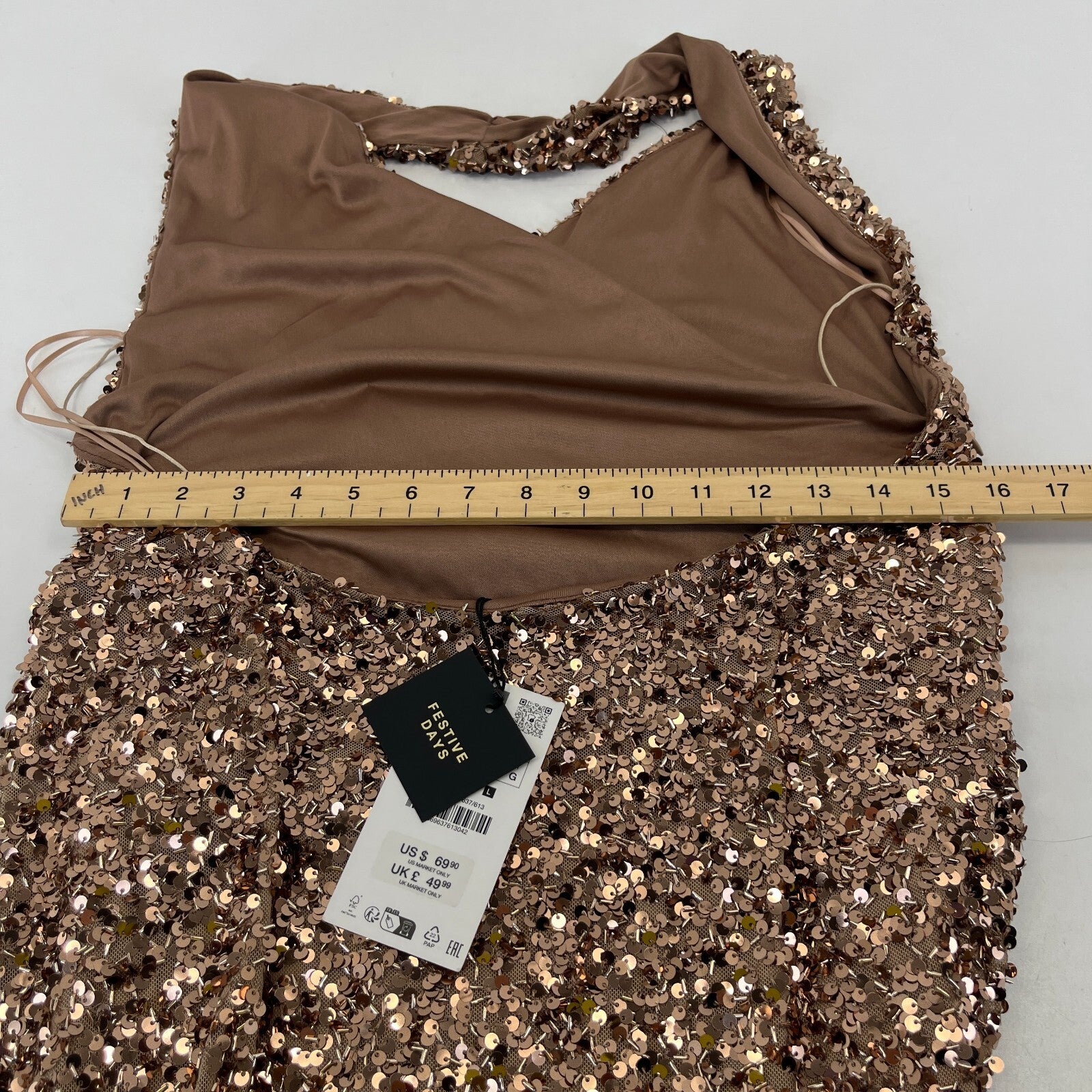 Zara Gold Sparkly Sequin Wrap Round Pencil Dress Halter Neck size Large - New
