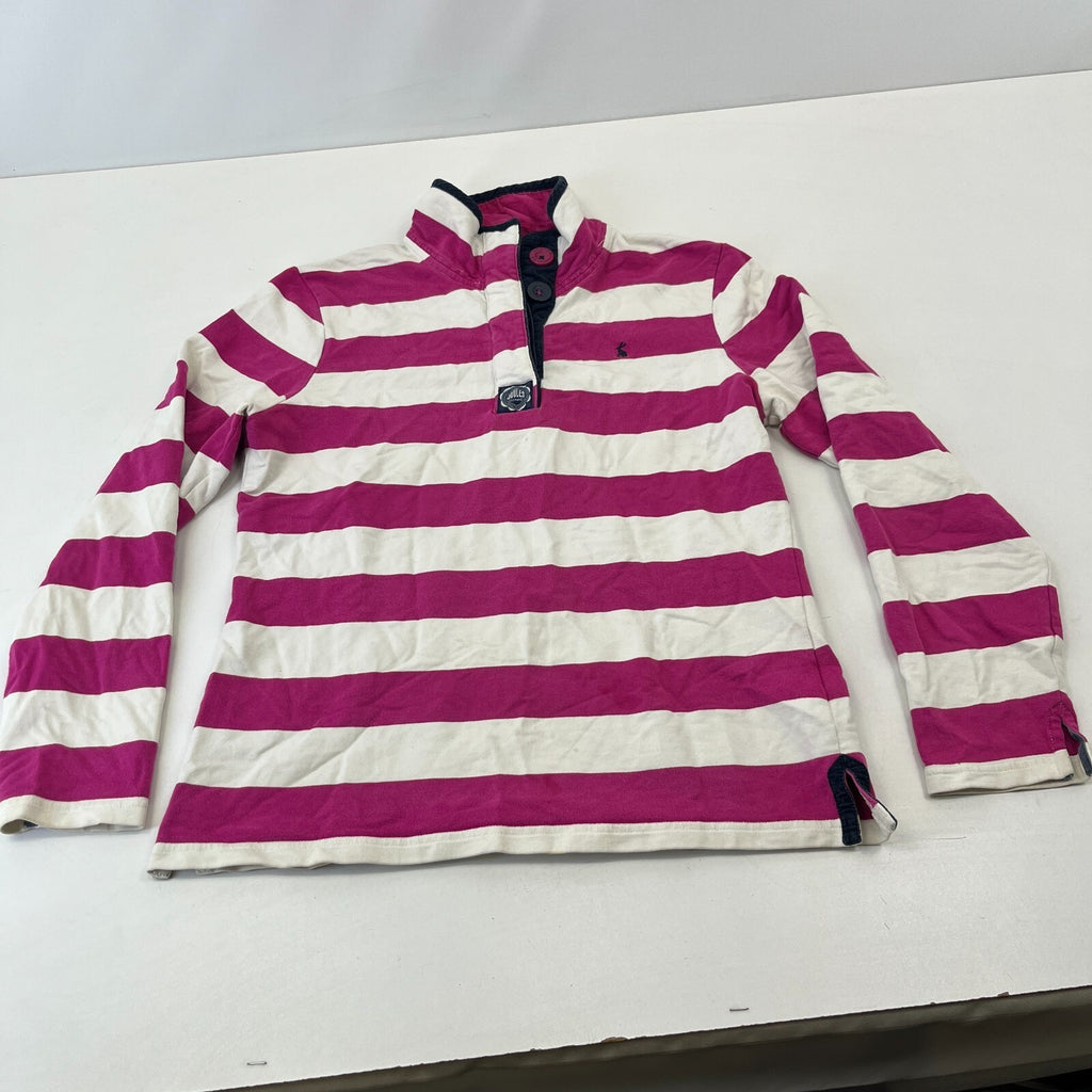 Joules White & Pink Striped Rugby Polo Shirt Distressed Long Sleeve Womens UK 12