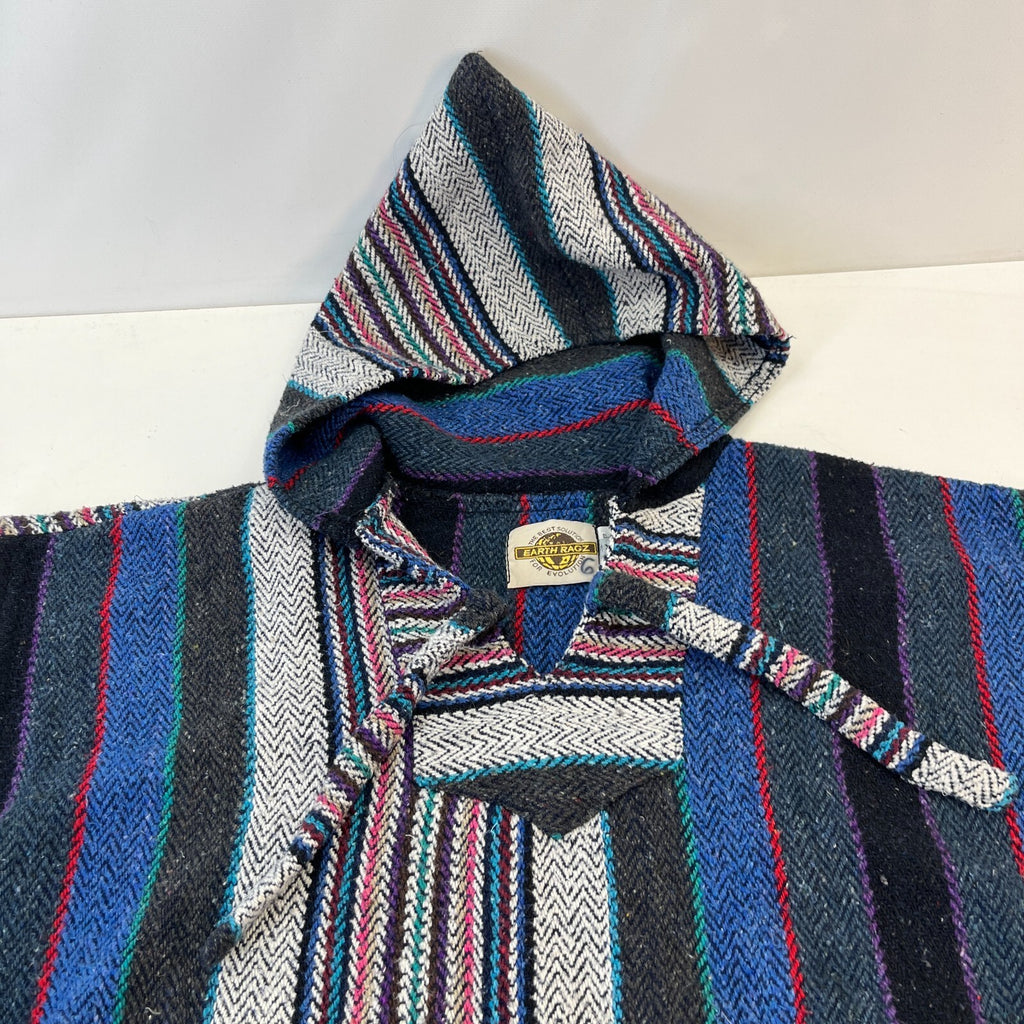 Genuine Mexican Baja Hoodie Pullover Hippie Festival Blue/Black/Grey UK size XL