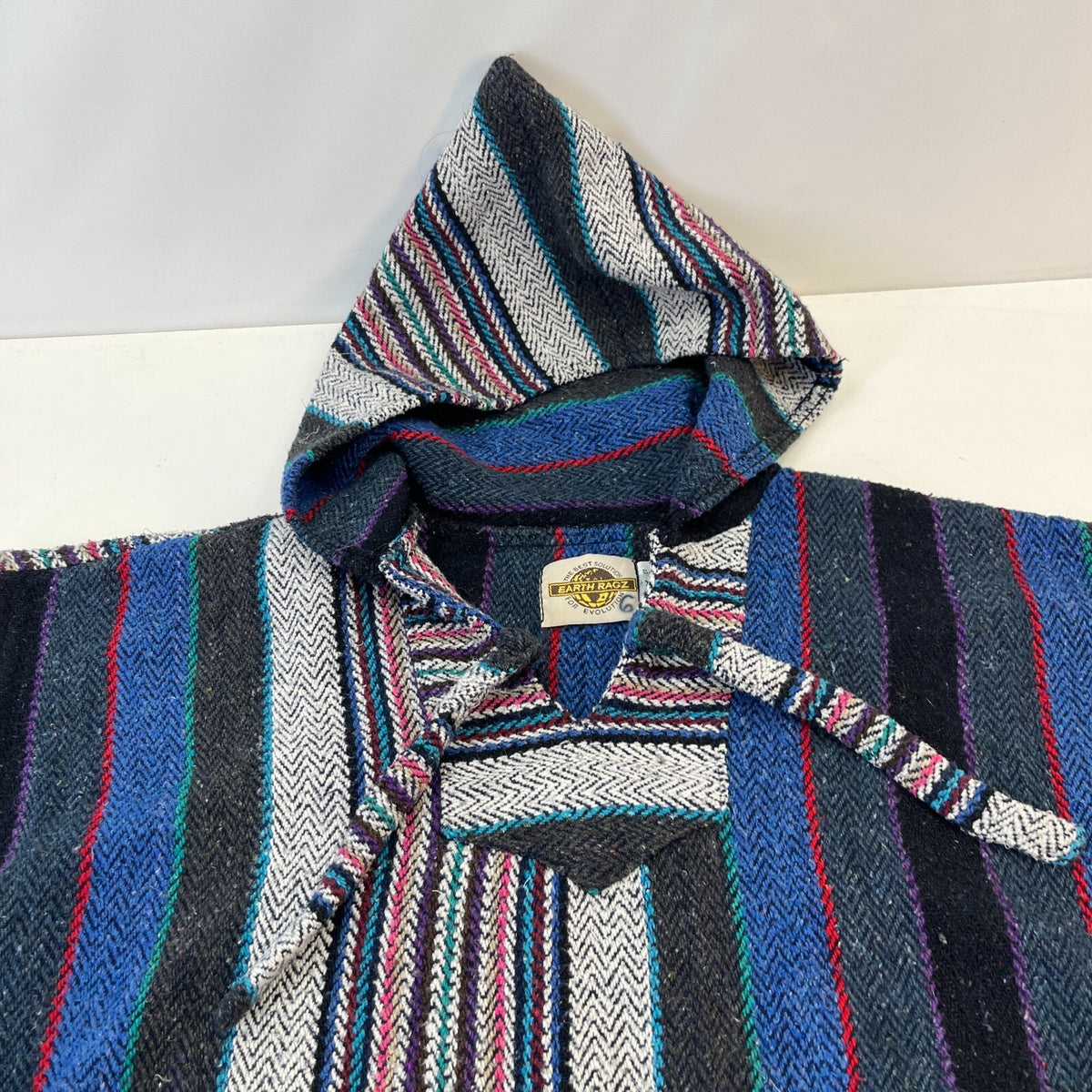 Genuine Mexican Baja Hoodie Pullover Hippie Festival Blue/Black/Grey UK size XL