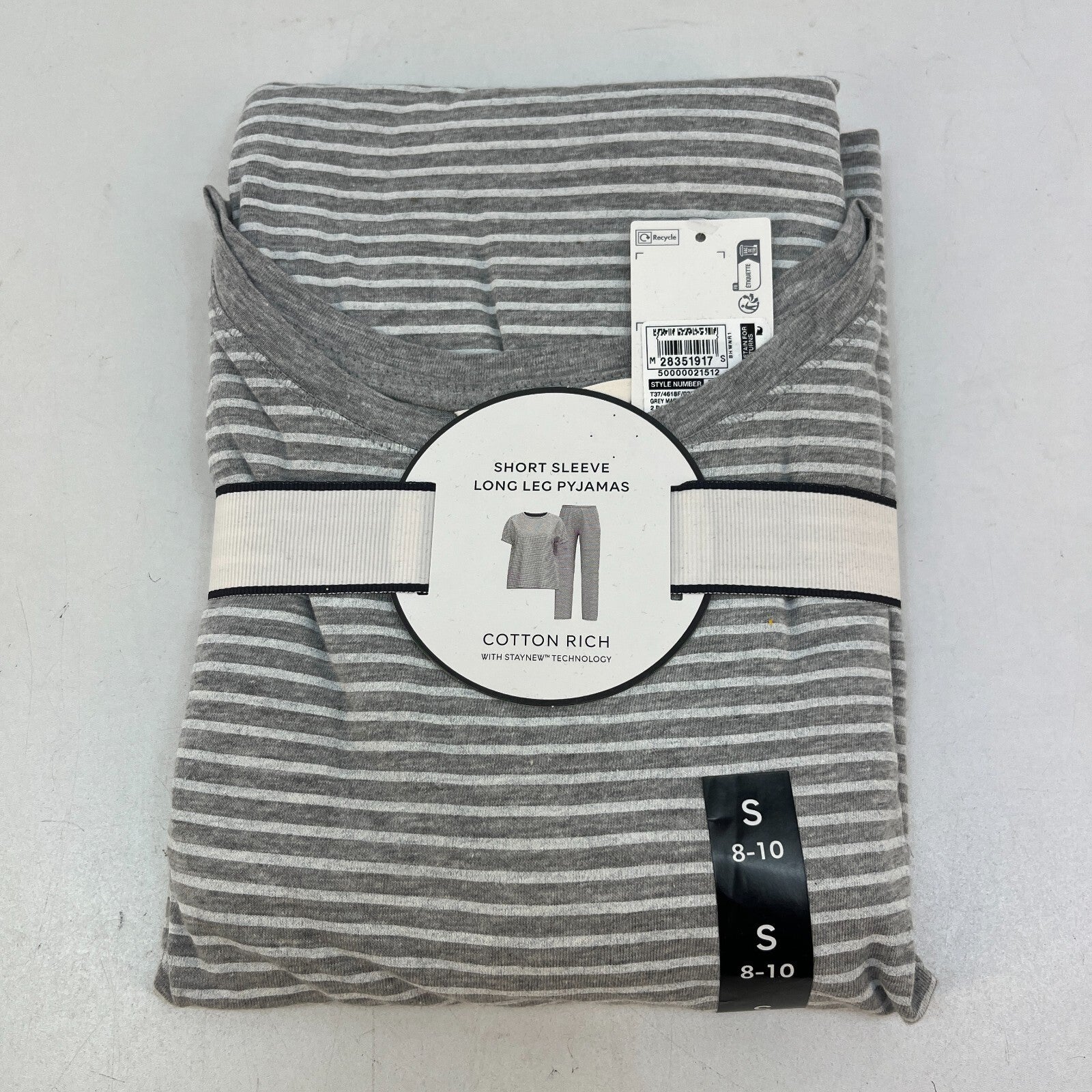 M&S Ladies Pyjama Set UK S 8-10 Grey Striped Long Leg Short Sleeve New