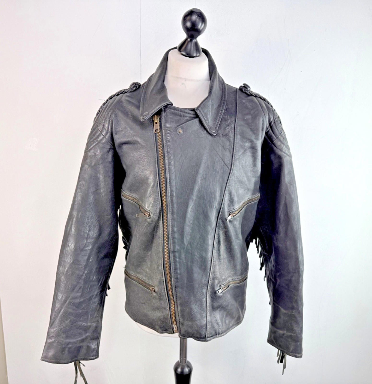 Vintage Difi of Germany Tasselled Leather Jacket Black Cruiser Cafe Racer UK 42