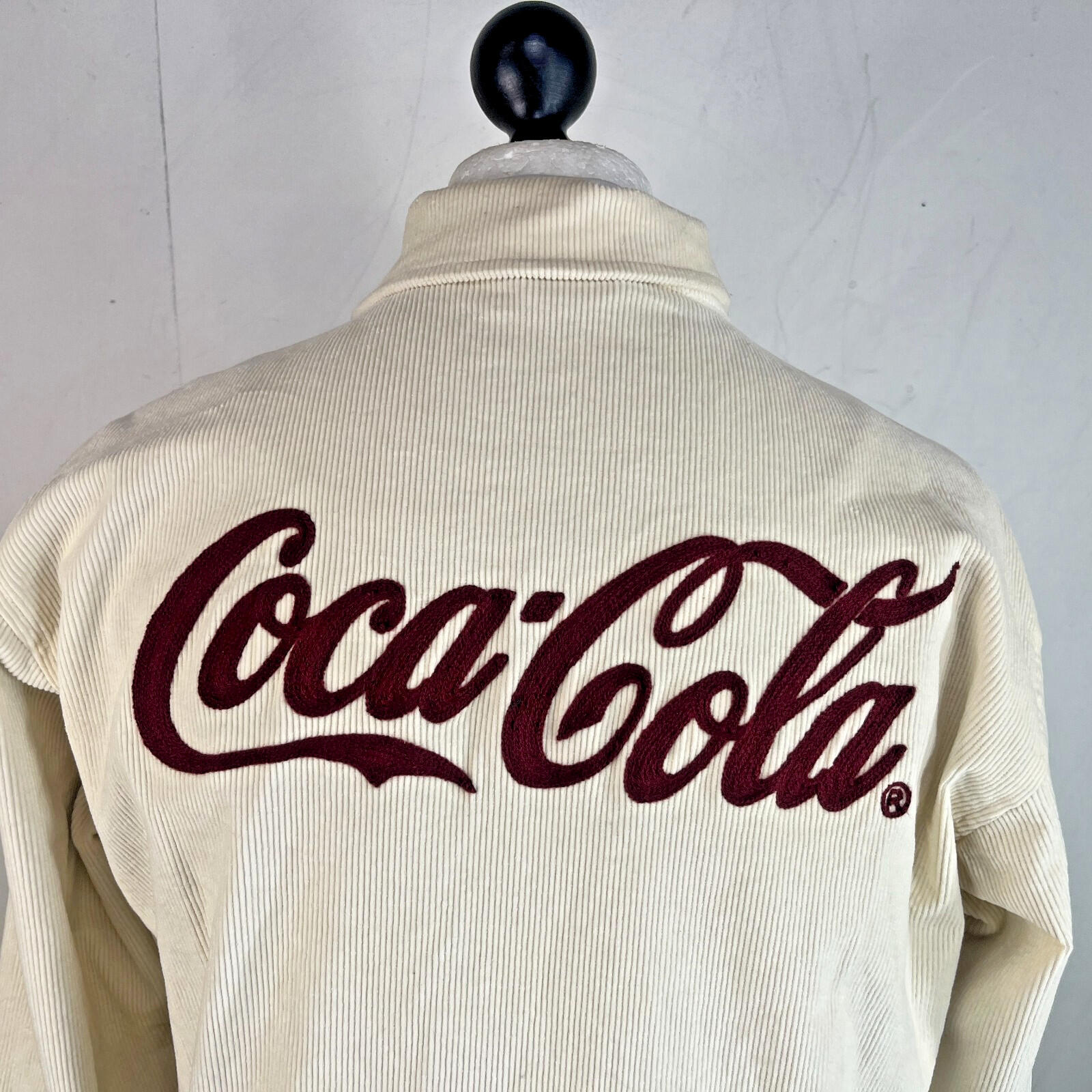 Rare Alma de Ace Coca Cola Micro Cord Varsity Jacket size Small in Cream