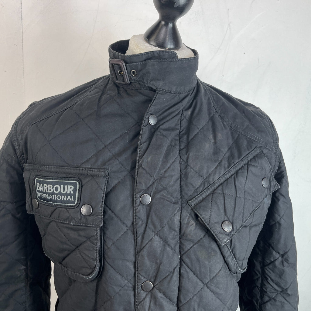 Barbour International Quilted Waxed Cotton Jacket Black with Belt Band Collar S