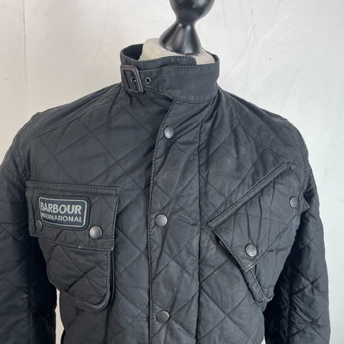Barbour International Quilted Waxed Cotton Jacket Black with Belt Band Collar S