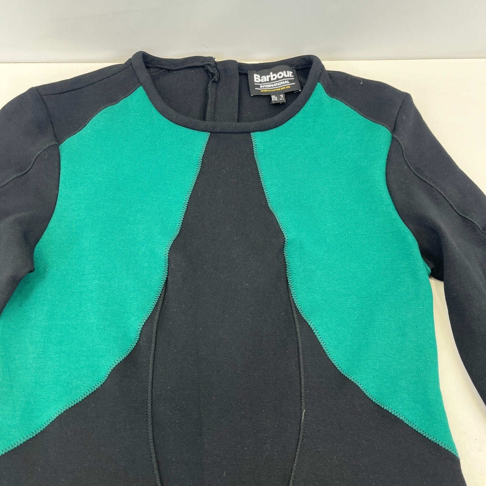 Barbour International Mica Black & Green Long Sleeve Midi Dress UK 12 Stretchy