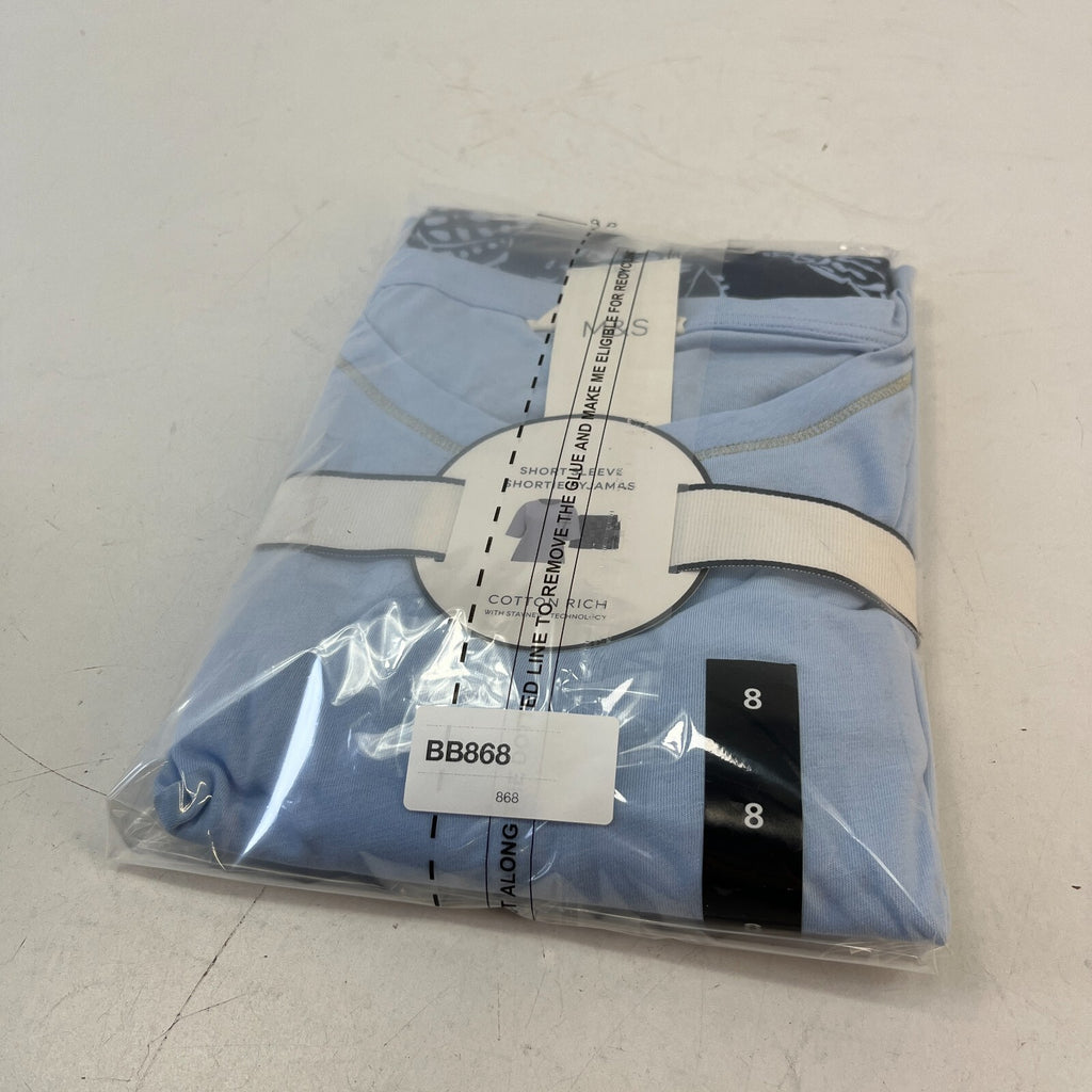 M&S Ladies Pyjama Set UK size 8 Pale Blue & Navy Short Leg Short Sleeve - New