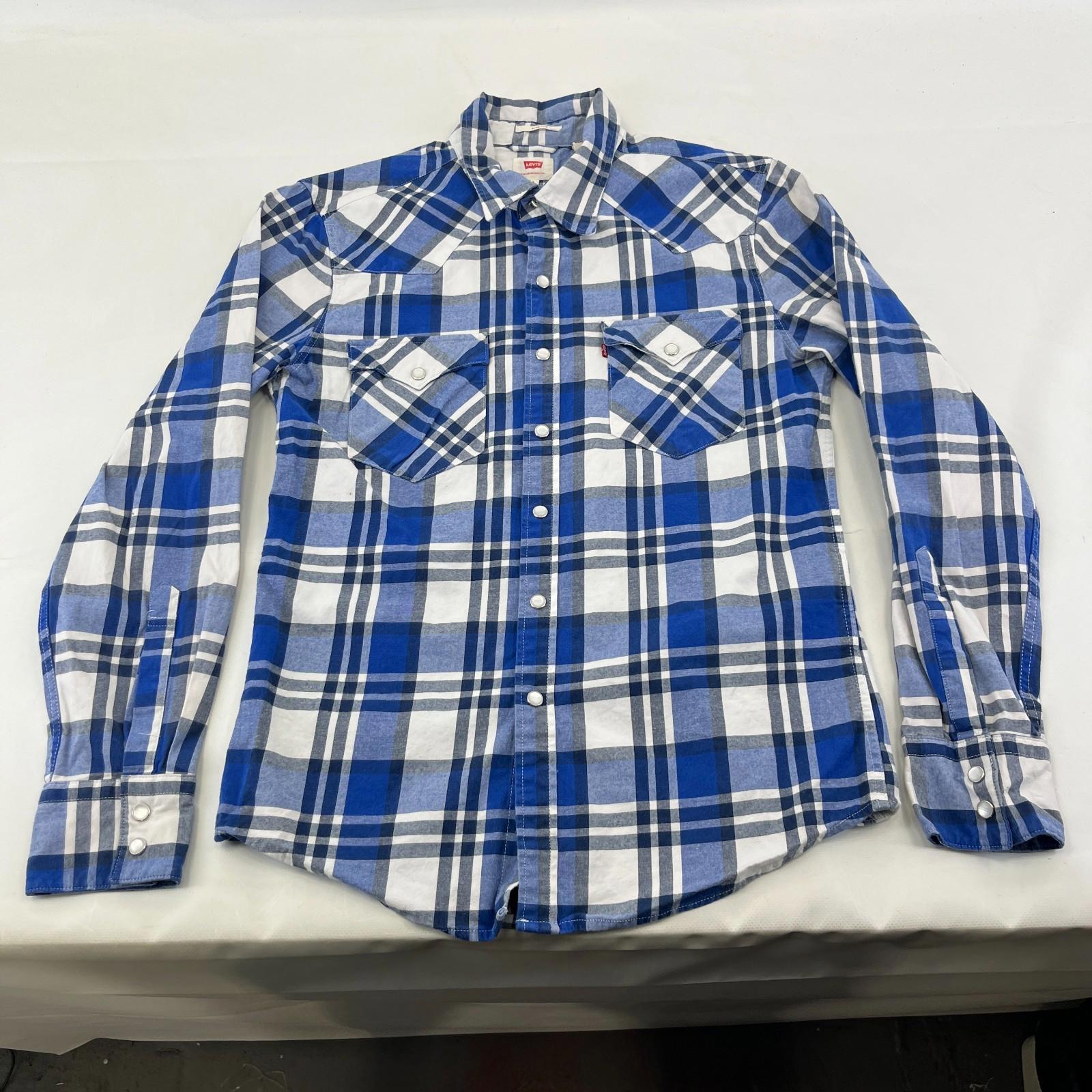 Levi's Mens Stretch Flannel Shirt Blue & White Wide Check Snap Fasten size S