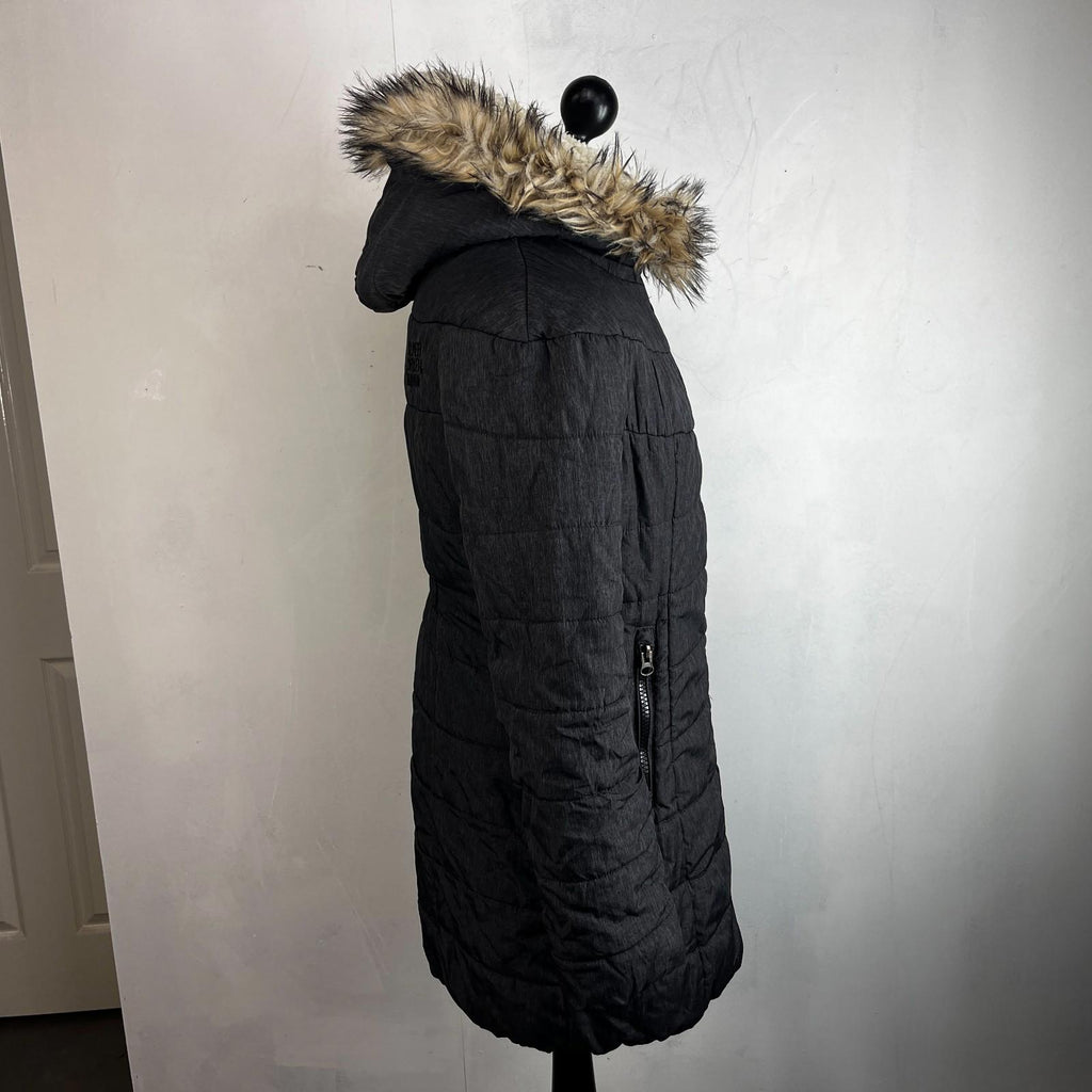 Superdry Mountain Co Mid Faux Fur Puffer - Size XL Grey Hooded  Coat