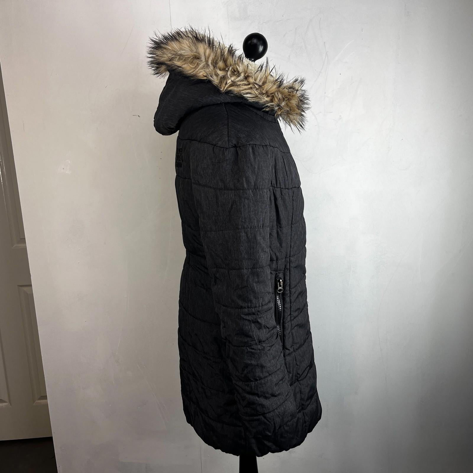 Superdry Mountain Co Mid Faux Fur Puffer - Size XL Grey Hooded  Coat