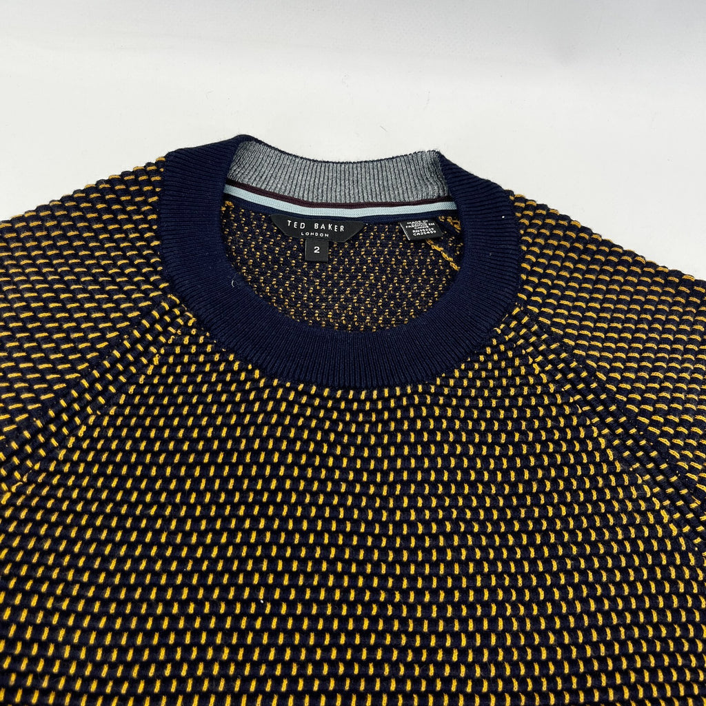 Ted Baker Men's Jumper in Blue/Yellow Cotton Blend Crew Neck Pullover size Small