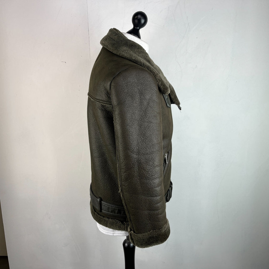 Zara Brown Faux Shearling Fur Lined Jacket Aviator Brown with Belt size Medium
