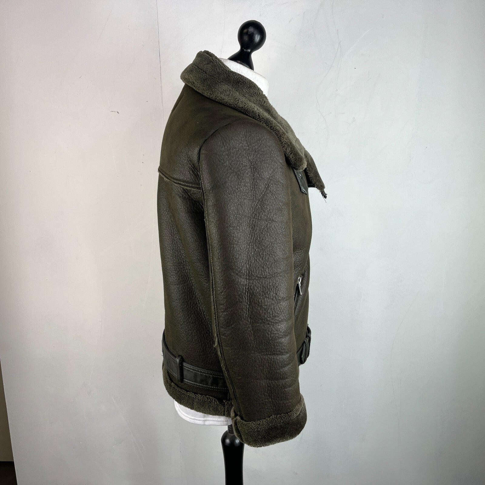 Zara Brown Faux Shearling Fur Lined Jacket Aviator Brown with Belt size Medium