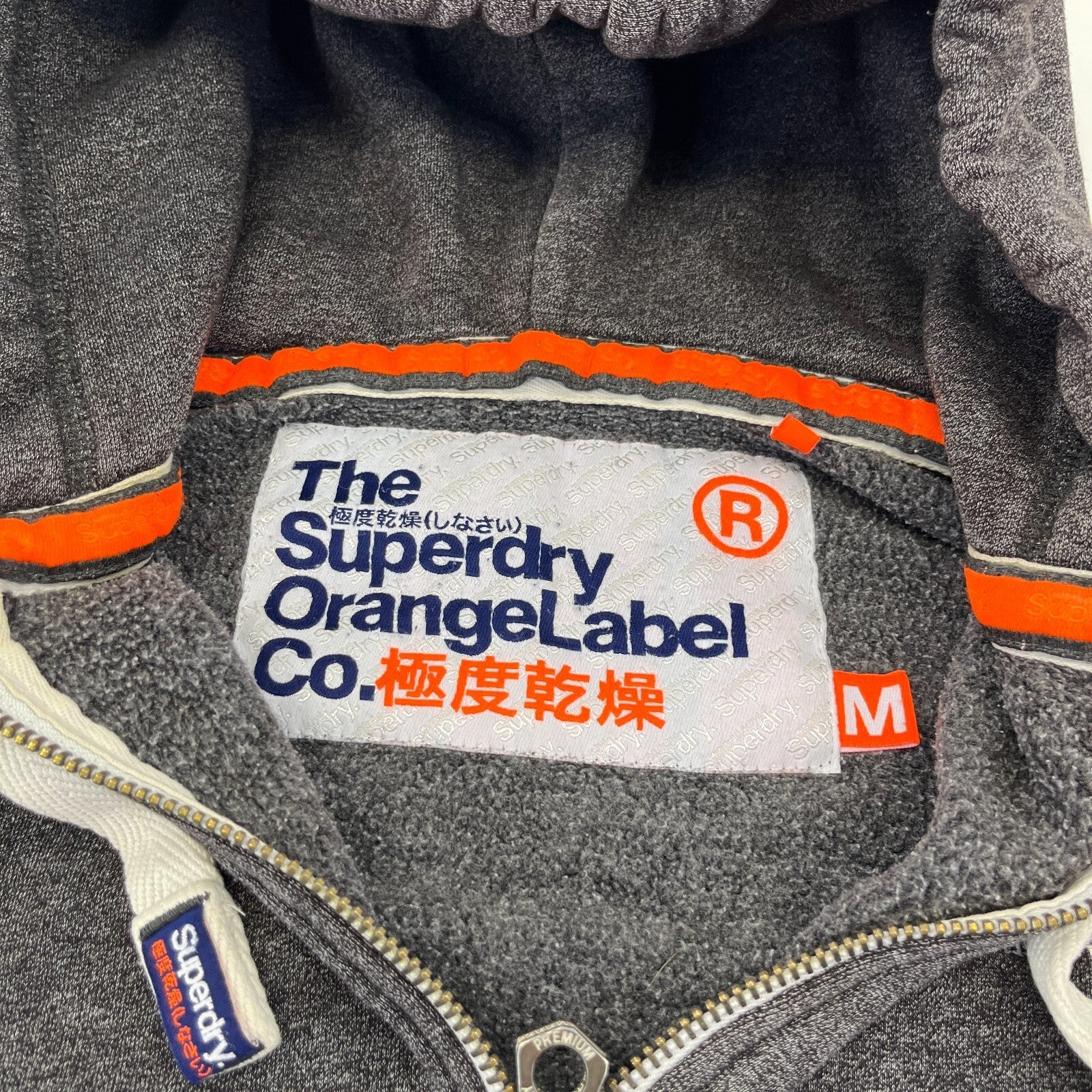 Superdry Hoodie Mens M Grey Full Zip Fleece Sweatshirt Orange Label M20002ANDS