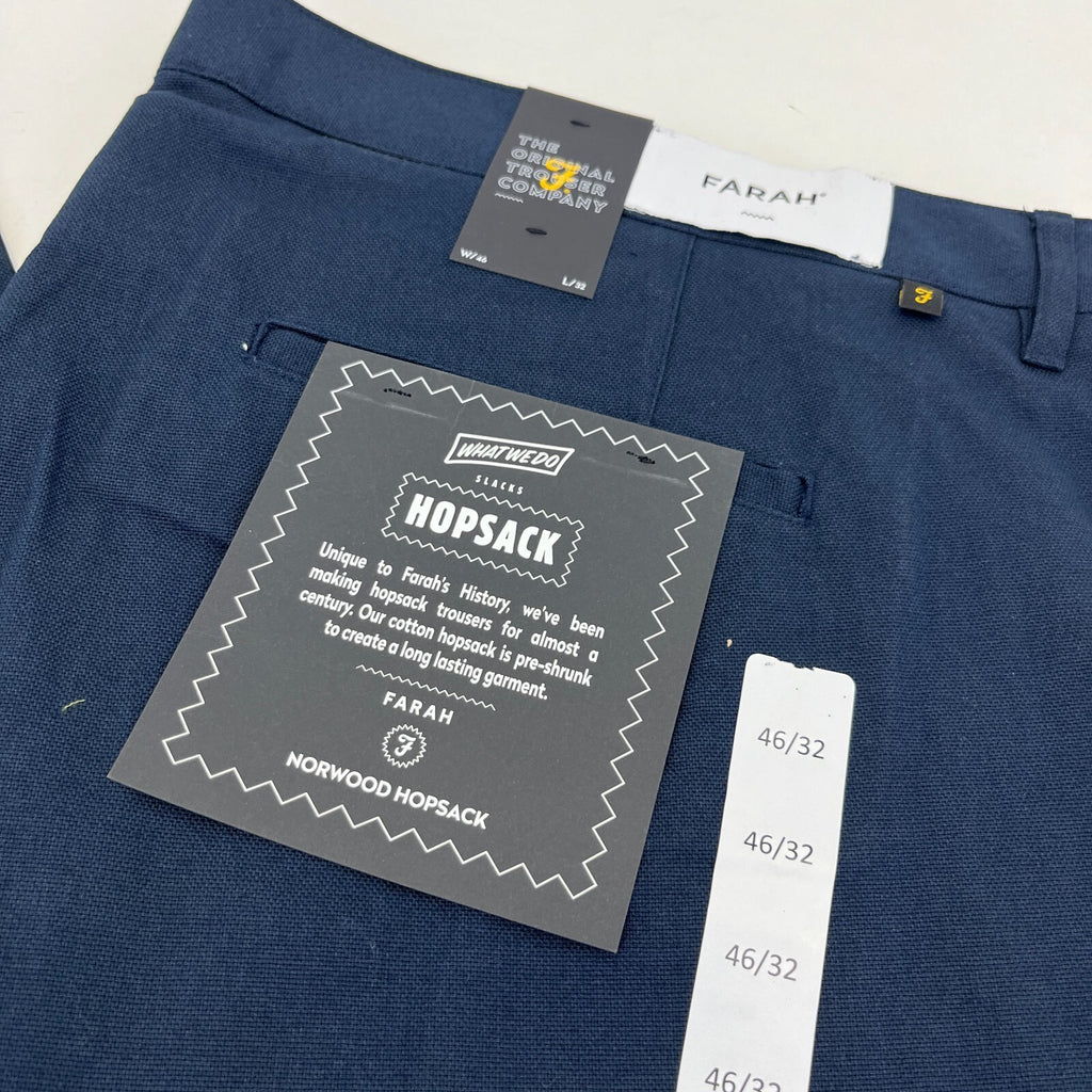 Farah Norwood Hopsack 100% Cotton Trousers Regular Fit W46" L32" True Navy Blue