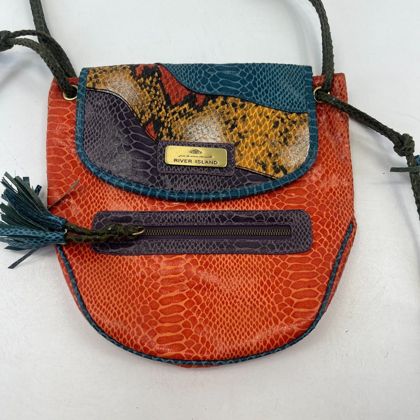 River Island Faux Snakeskin Leather Tassel foldover Chain Handbag Boho Hippy