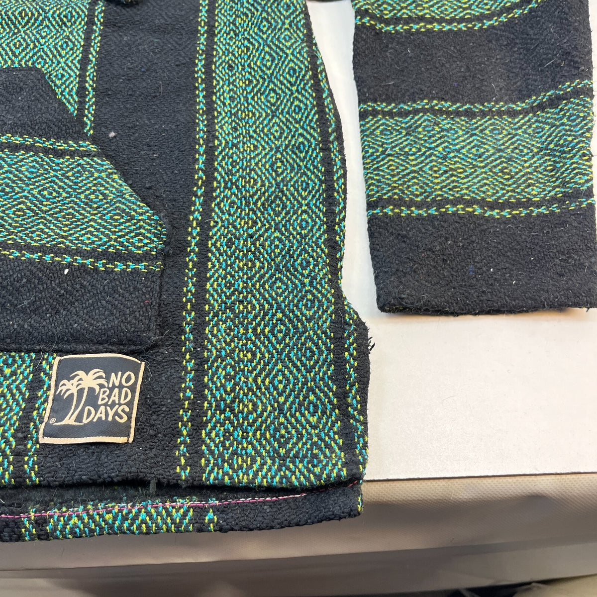 No Bad Days Mexican Baja Hoodie Pullover Hippie Festival Green Stripe Small