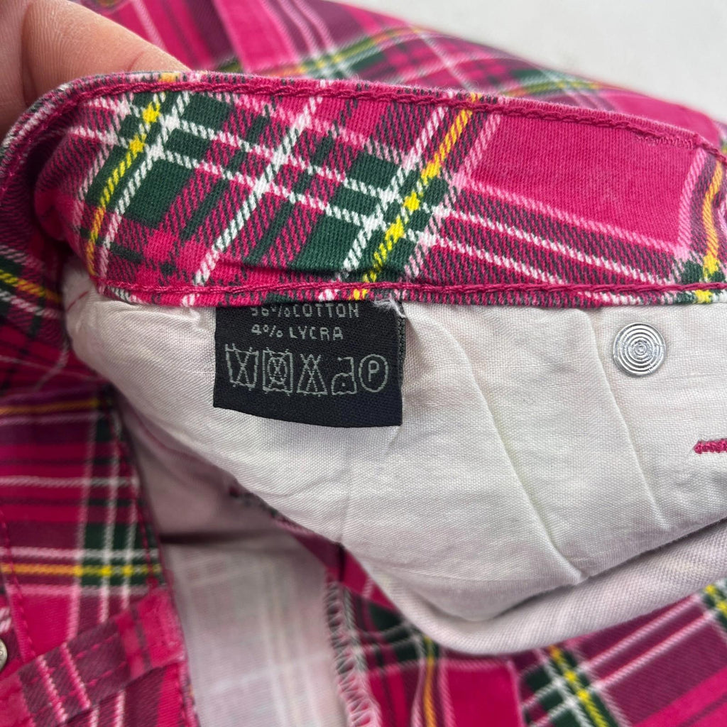 Criminal Damage Women's Pink Tartan Jeans Tapered Stretch Waist 36"