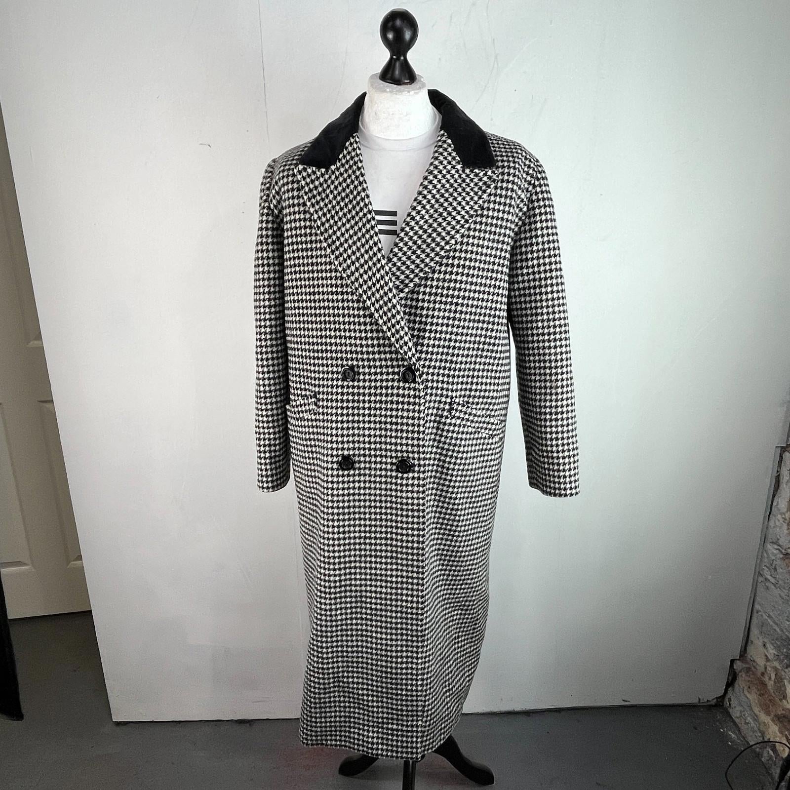 Vtg Kashmoor of London Wool Blend Long Overcoat UK 16 Black/White Houndstooth