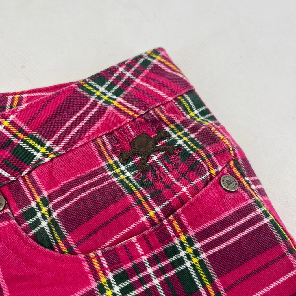 Criminal Damage Women's Pink Tartan Jeans Tapered Stretch Waist 36"