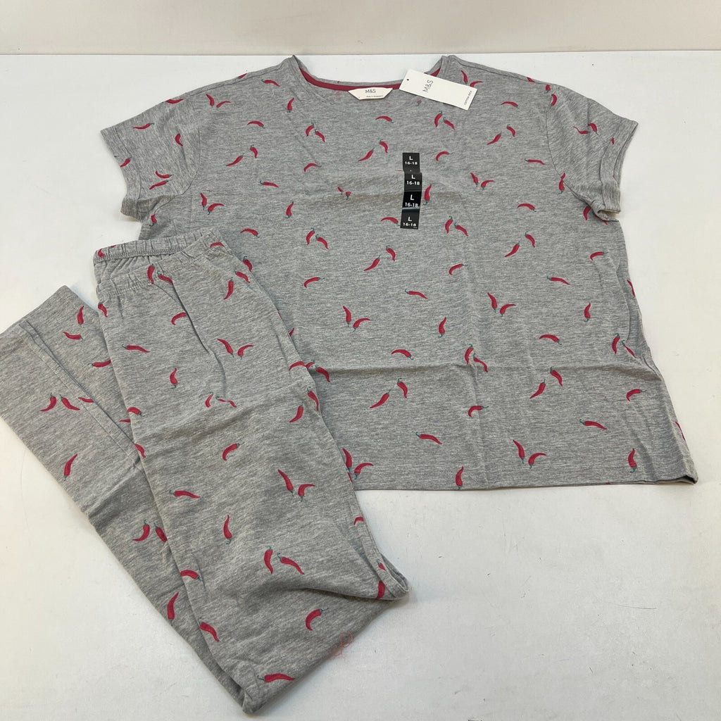 M&S Ladies Pyjama Set UK L 16-18 Grey with Chillies Long Leg Short Sleeve New
