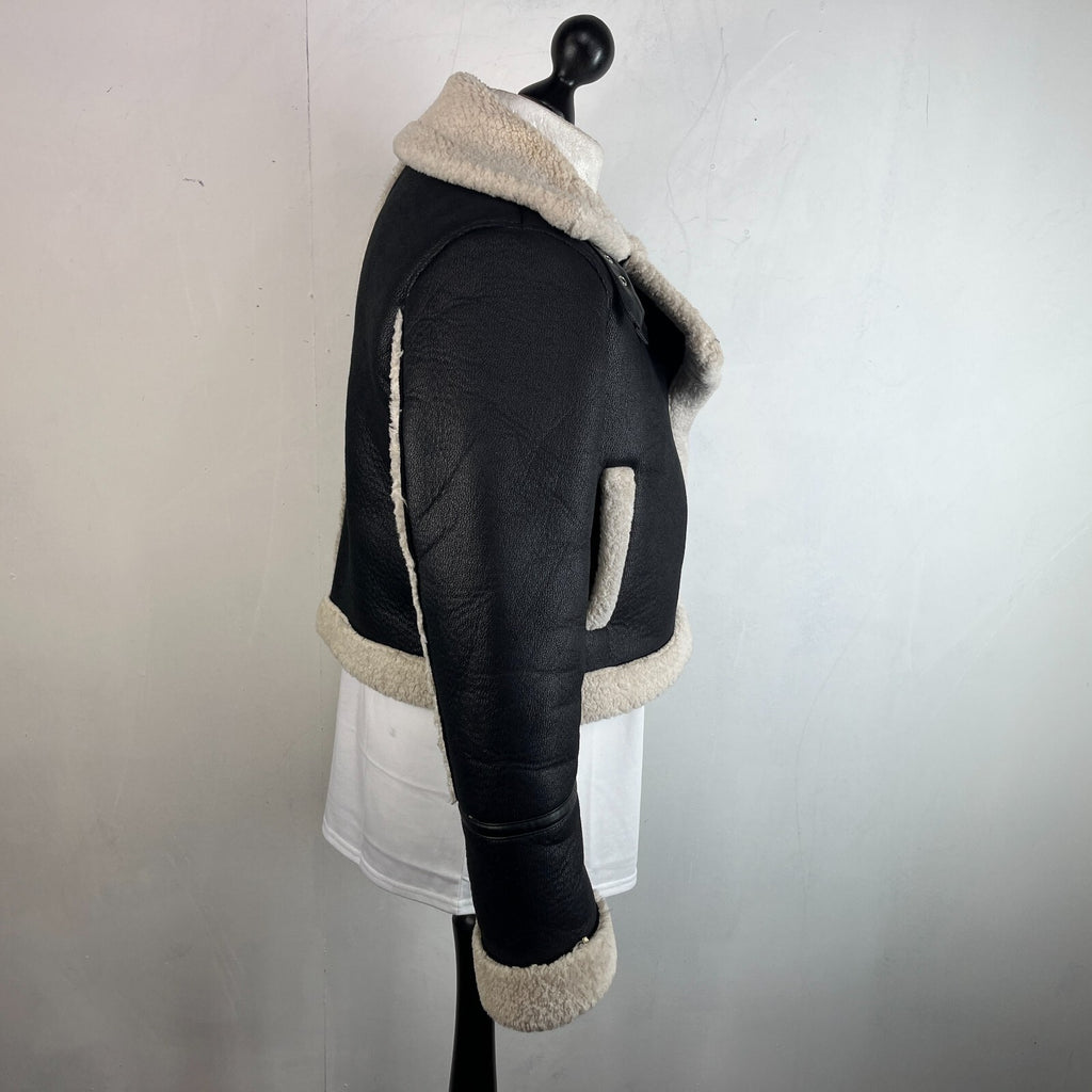 Stradivarius Double Faced Black Cropped Leather Look Aviator Jacket size Small