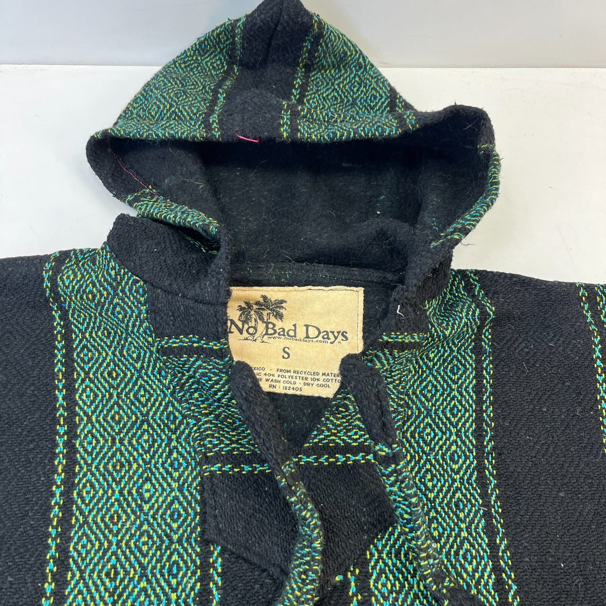 No Bad Days Mexican Baja Hoodie Pullover Hippie Festival Green Stripe Small
