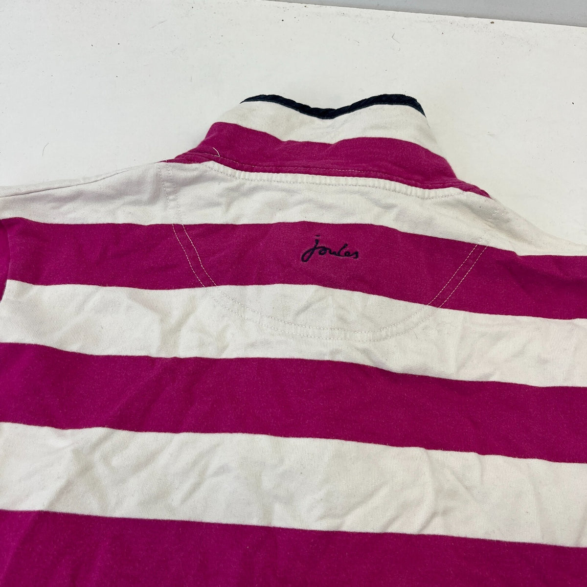 Joules White & Pink Striped Rugby Polo Shirt Distressed Long Sleeve Womens UK 12