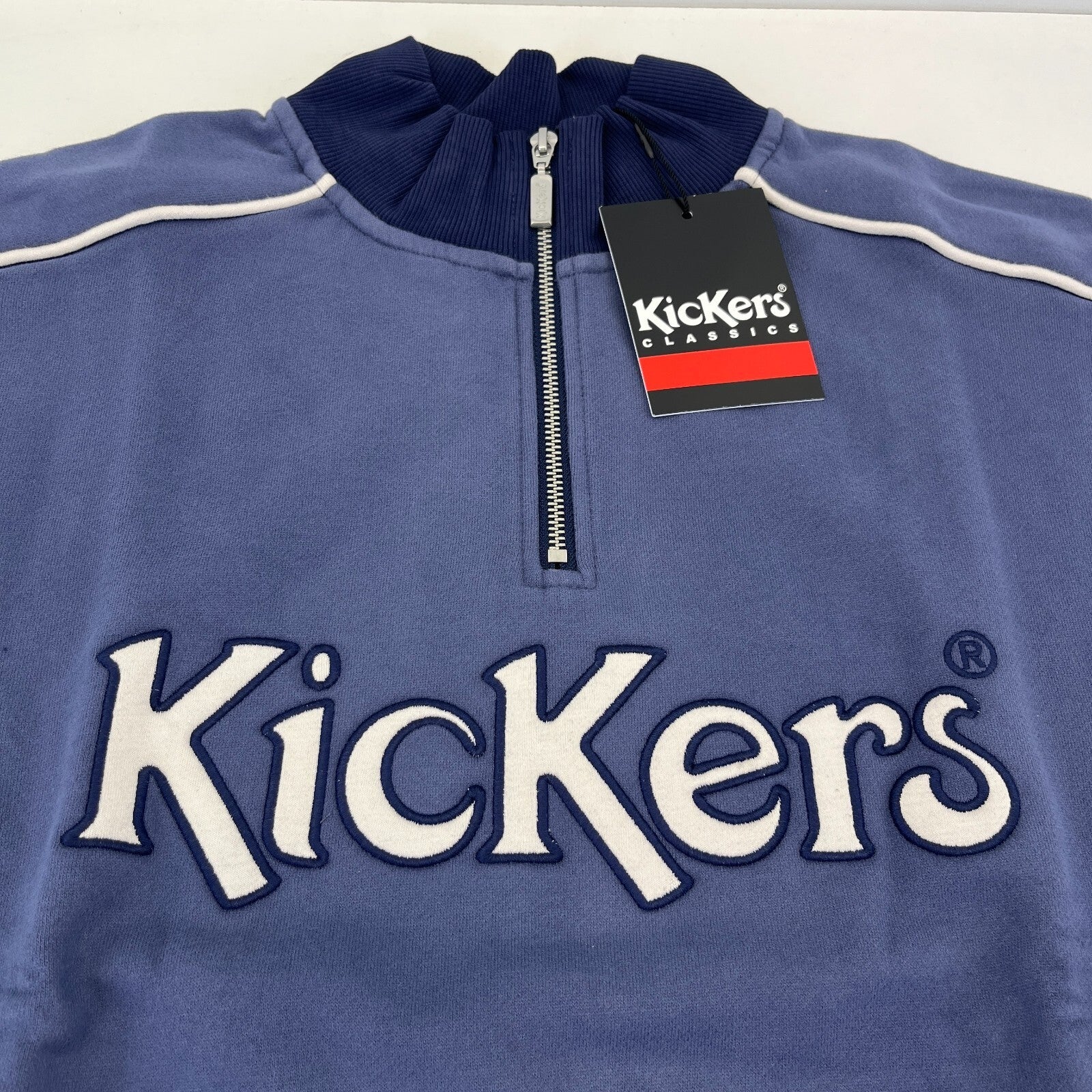 Kickers Big Spellout Blue 1/4 Zip Pullover Sweater Applique Logo size Small