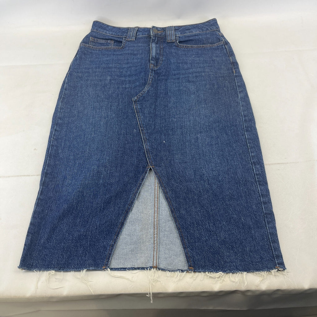 Fat Face Weston Denim Midi Skirt Cotton Festival UK 12 Dark Blue with Hem Fray